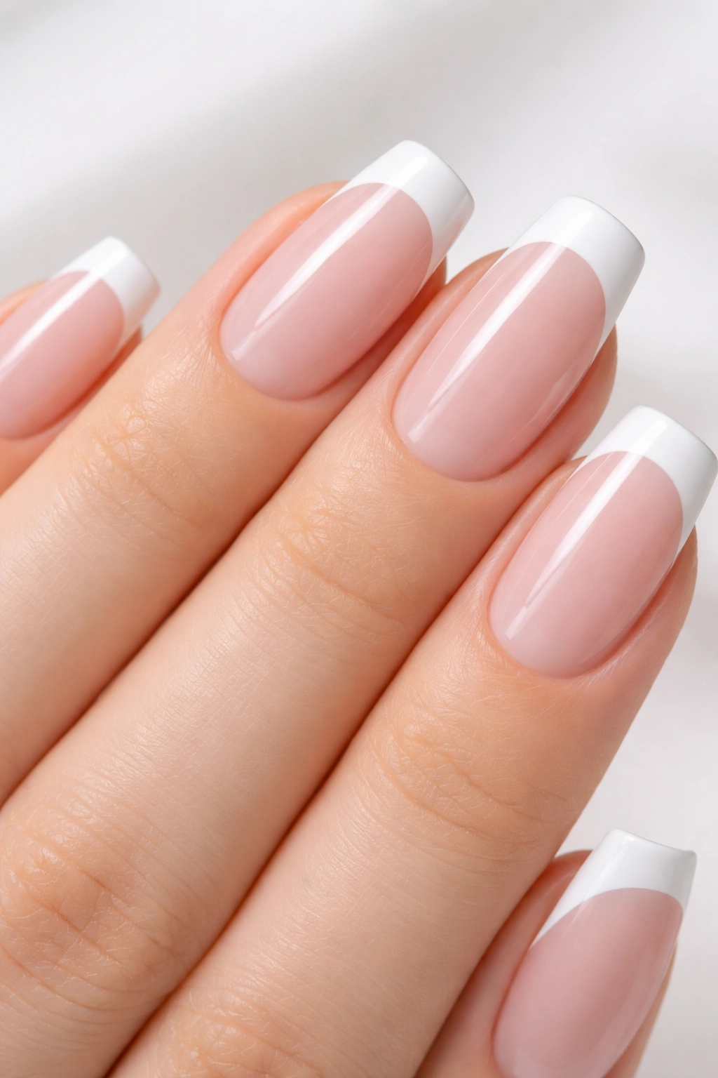 Jelly nails with translucent pink base and white tips