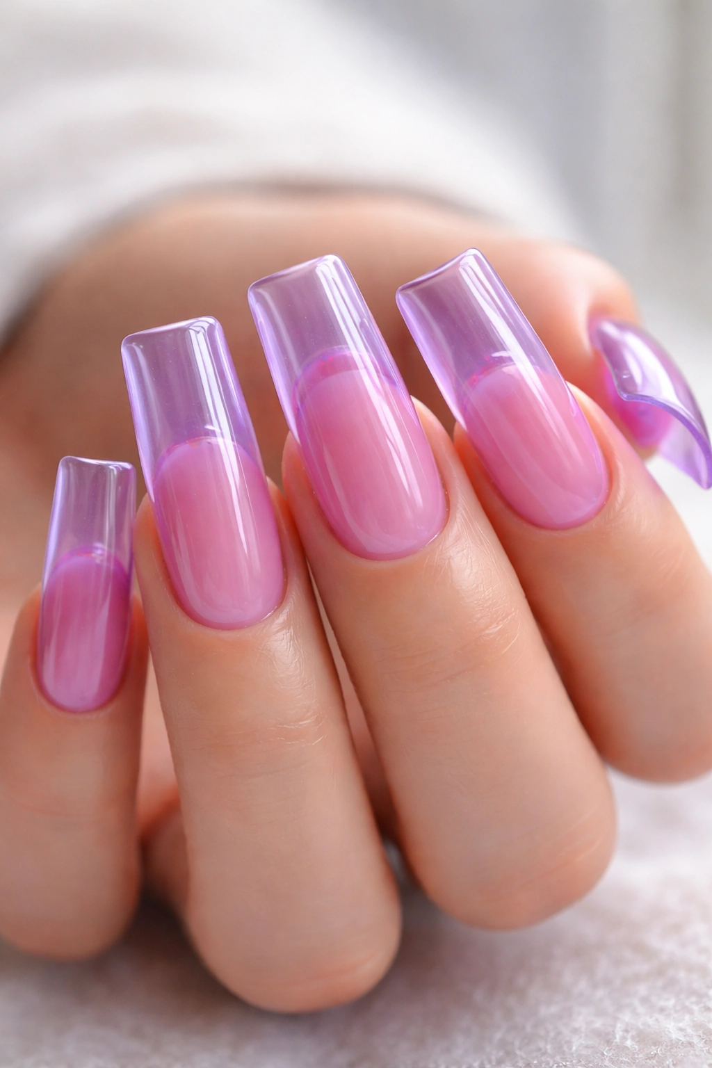 Macro view of translucent jelly purple duck nails with a soft glow