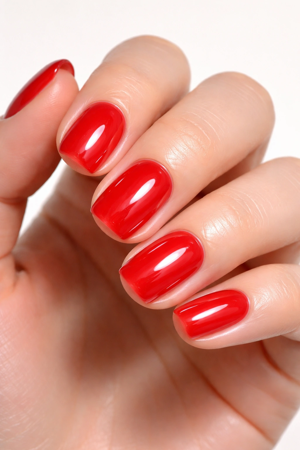 Short squoval nails with translucent jelly red showing nail bed tint