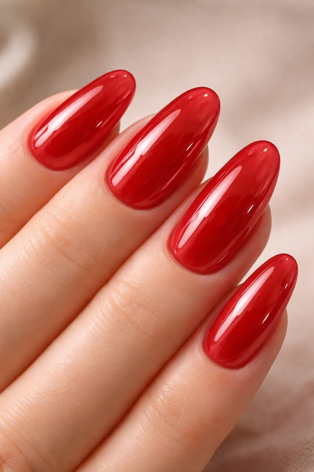Close-up of translucent jelly red nails with a glass-like glossy finish on almond-shaped nails