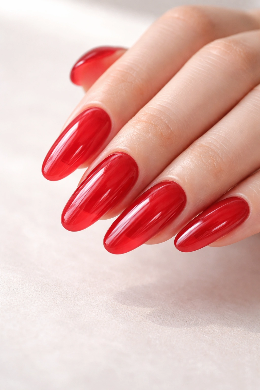 Close-up of long translucent jelly red acrylic nails showing skin beneath