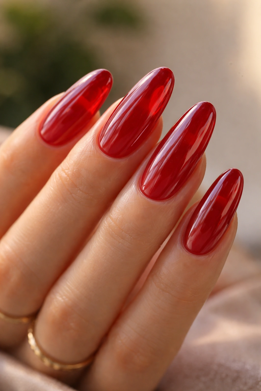 Close-up of long oval jelly red nails showing translucent glow.