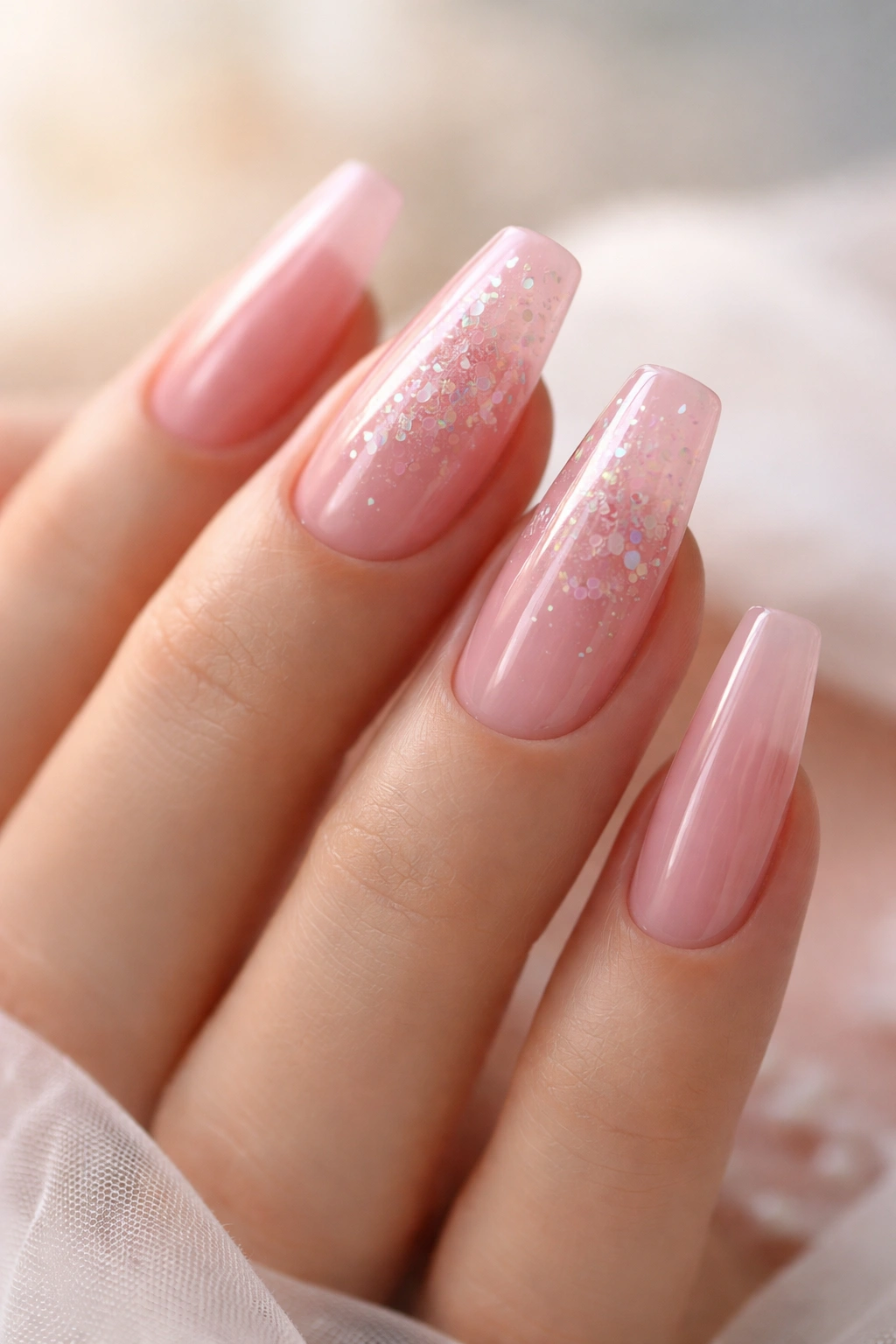 Close-up of jelly rose nails with confetti flakes