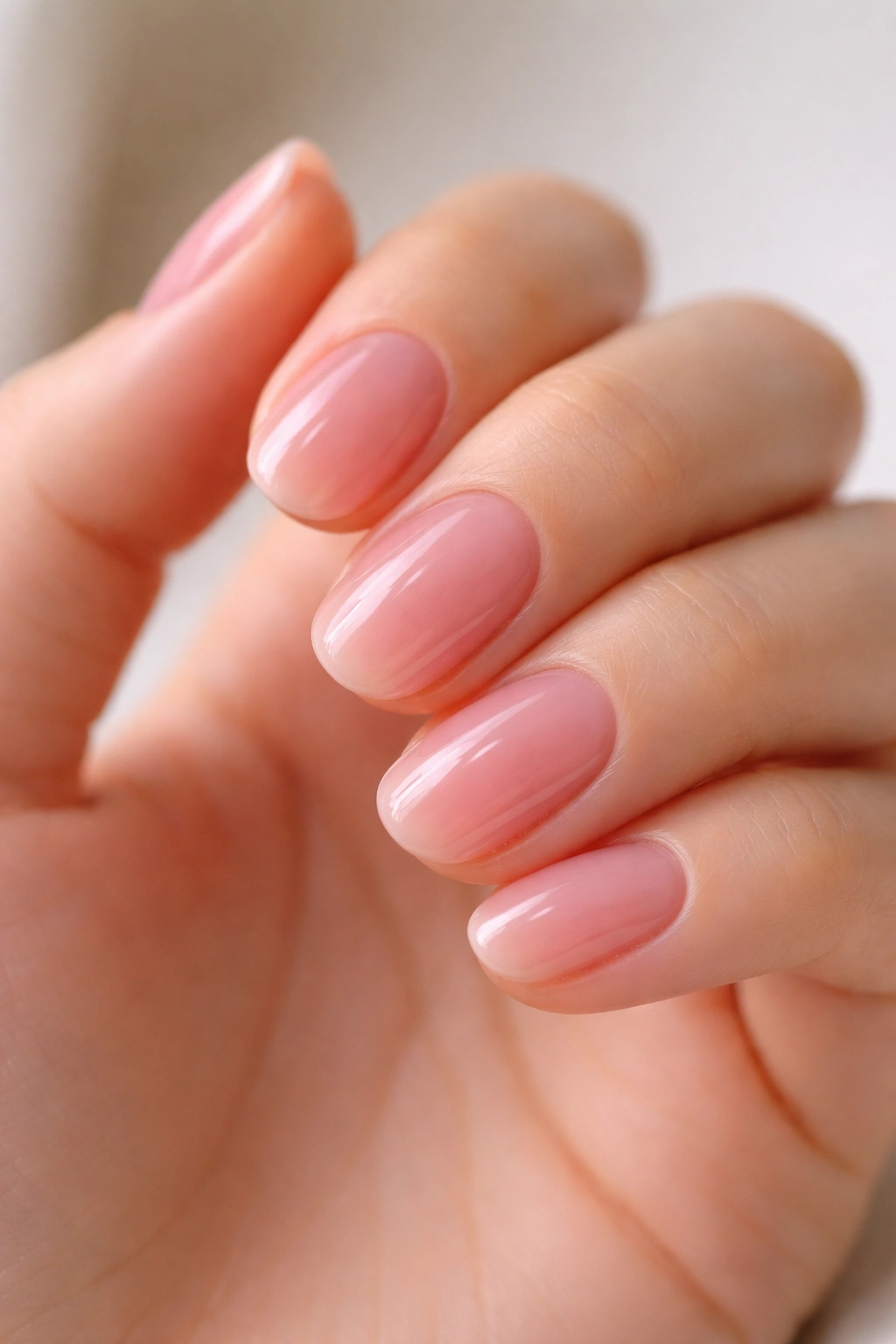 Close-up of short oval jelly rose gel nails with a glossy candy-like finish on a neutral backdrop