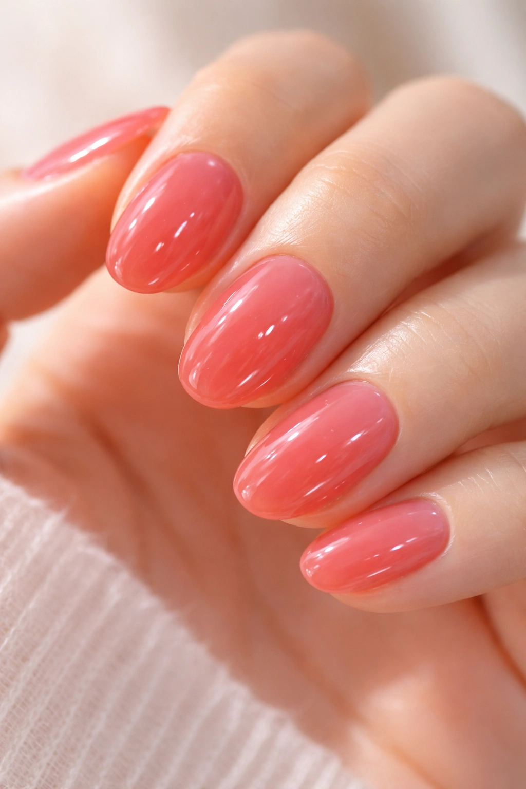 Close-up of translucent jelly rose nails on short oval extensions with a glossy finish
