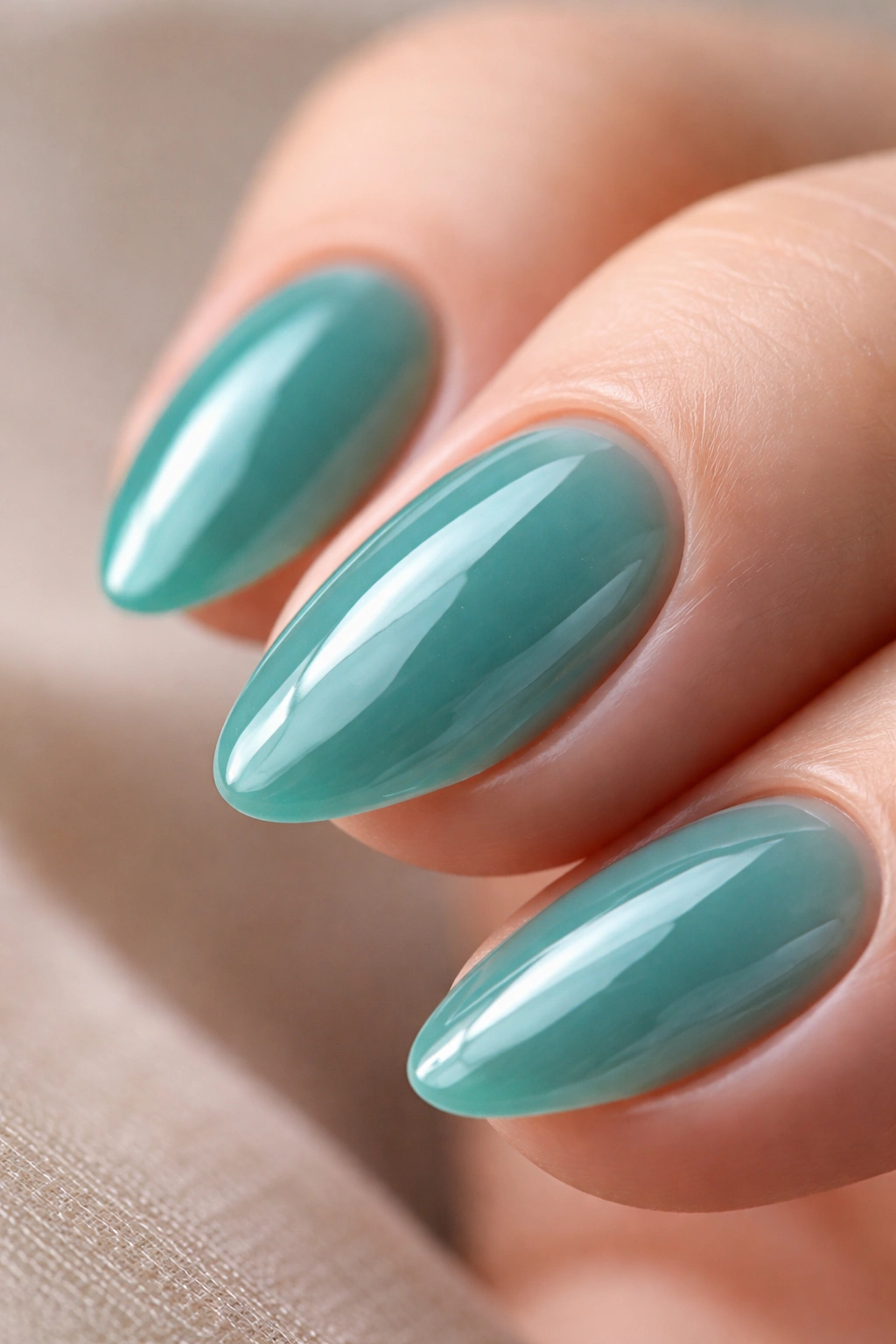 Close-up of a short almond nail in sheer teal jelly polish with glassy translucency