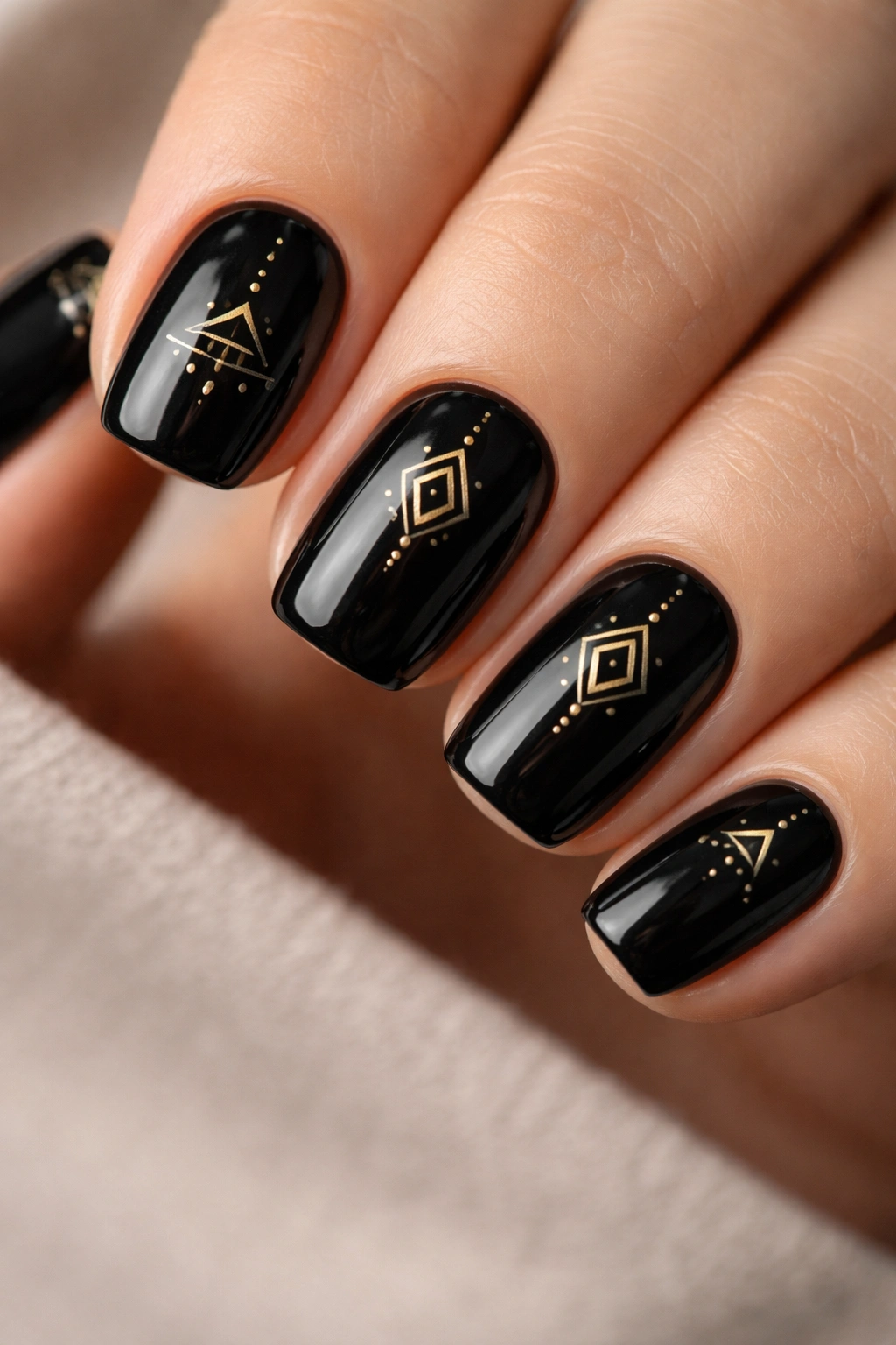 Close-up of jet black nails with gold geometric patterns on short squoval nails