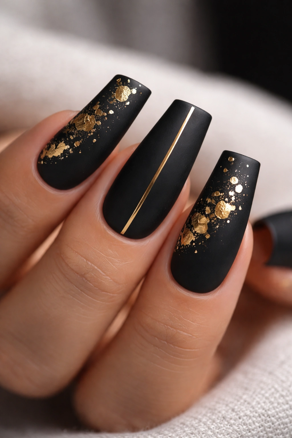 Close-up of matte jet-black nails with irregular gold foil accents for a luxe baddie look
