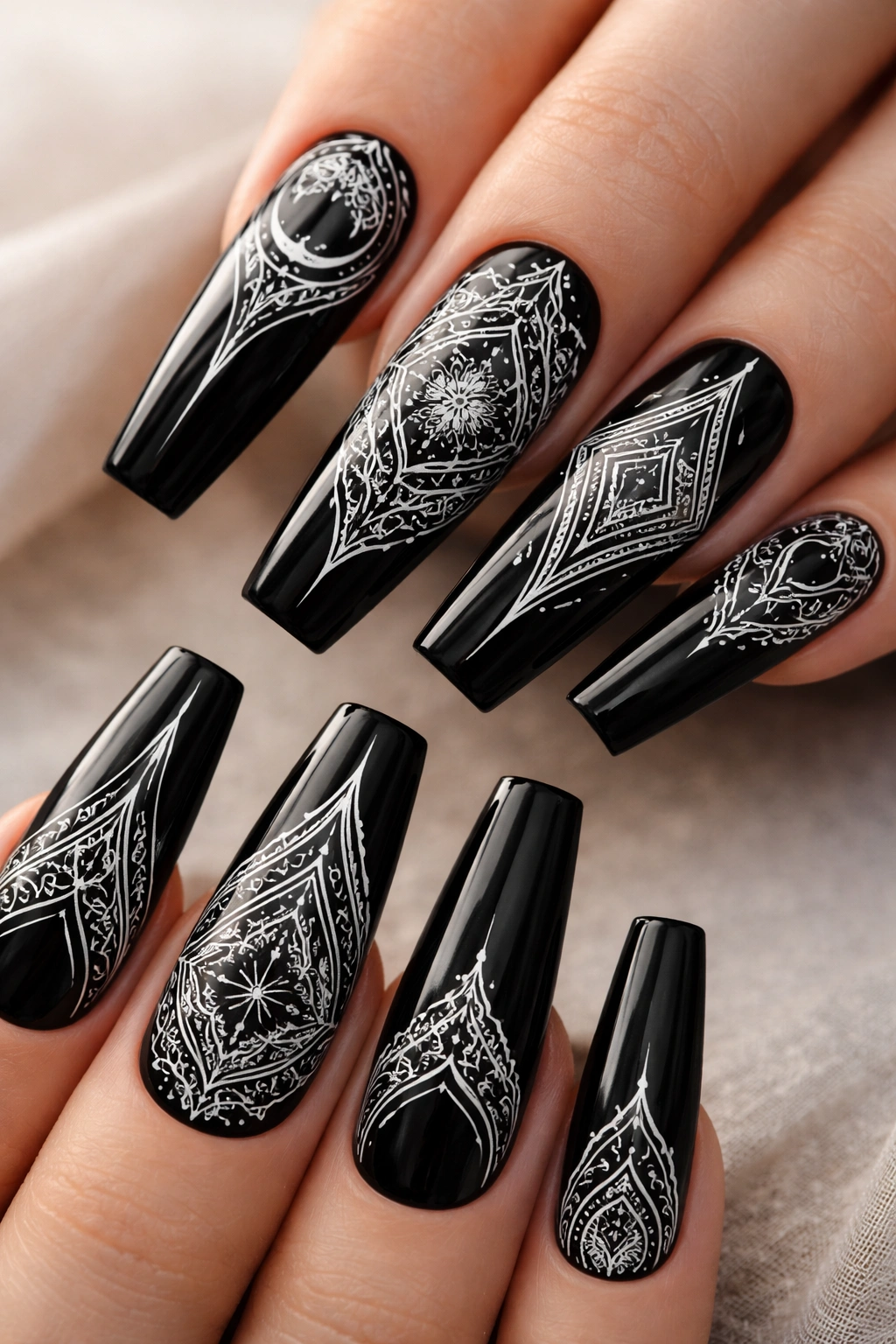 Close-up of jet-black coffin nails with white geometric line work on a neutral background