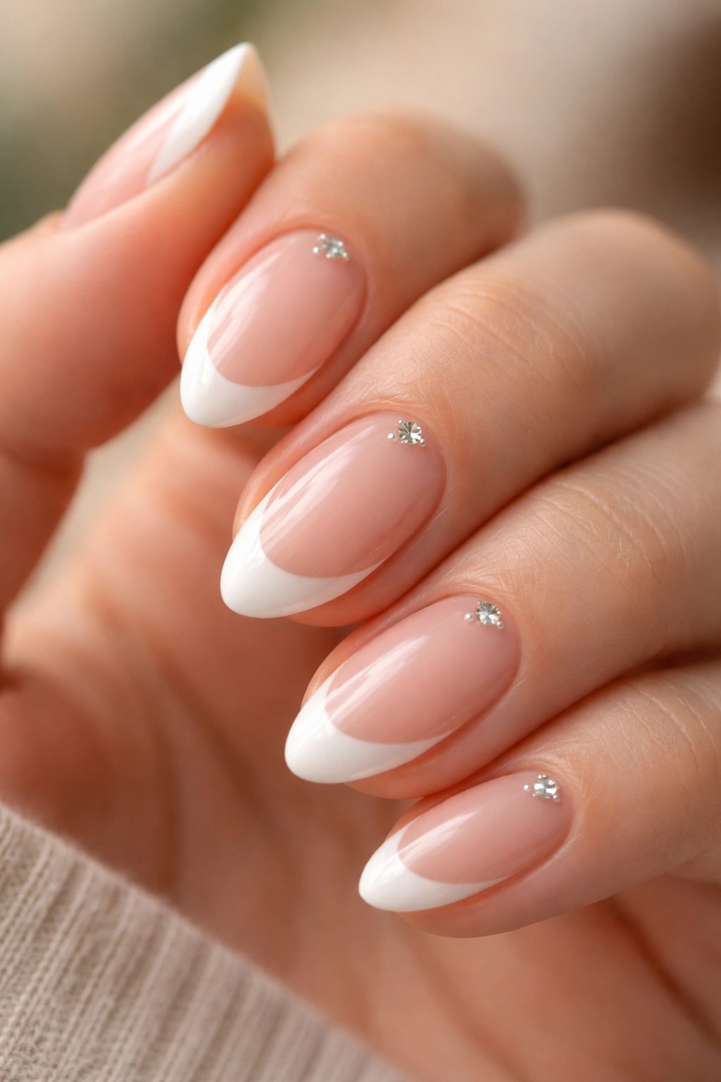 Close-up of a short almond nail with a small rhinestone at the smile line