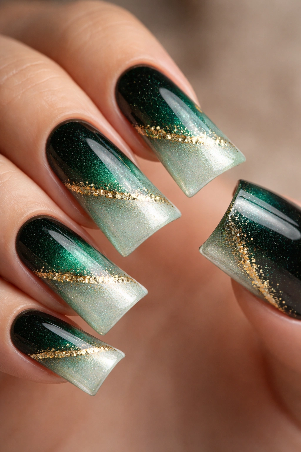 Close-up of wide duck nails in deep jewel tone ombre with gold accents