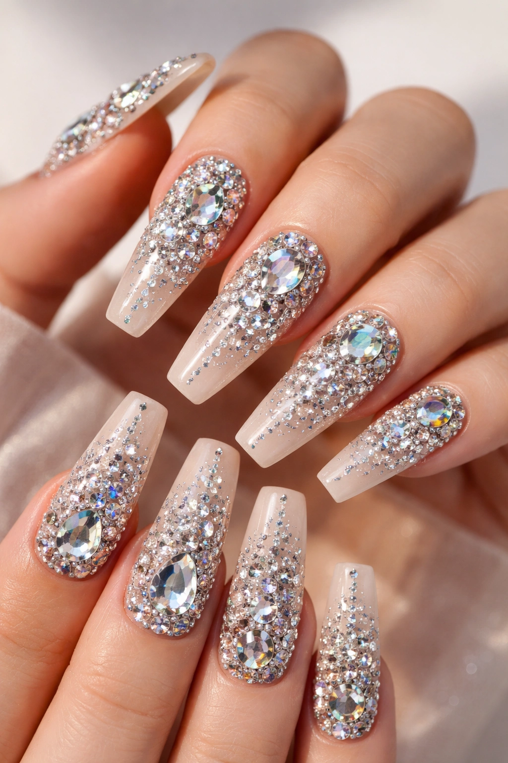 Close-up coffin nails with rhinestones and jewels on a glossy base