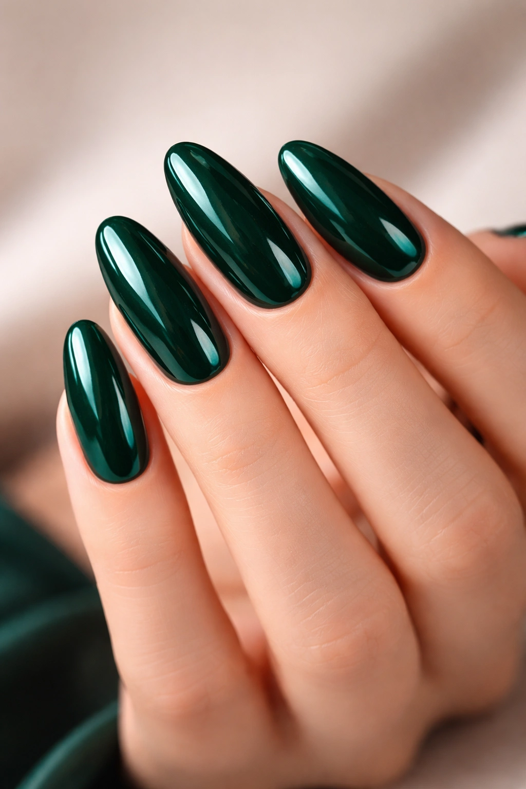 Long oval nails painted emerald jewel tone with a glossy finish