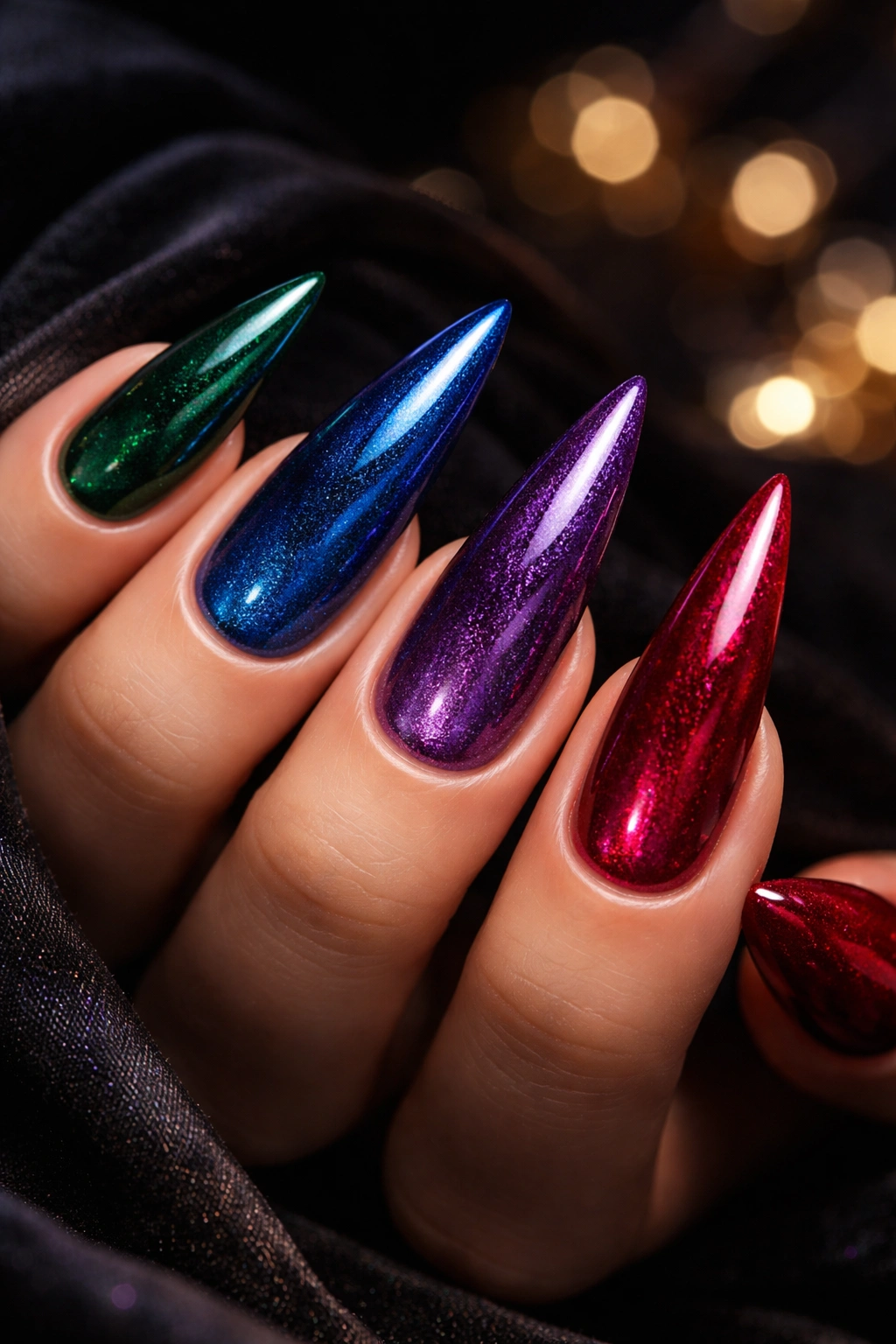 Close-up of jewel tone stilettos nails in emerald and ruby with shimmer
