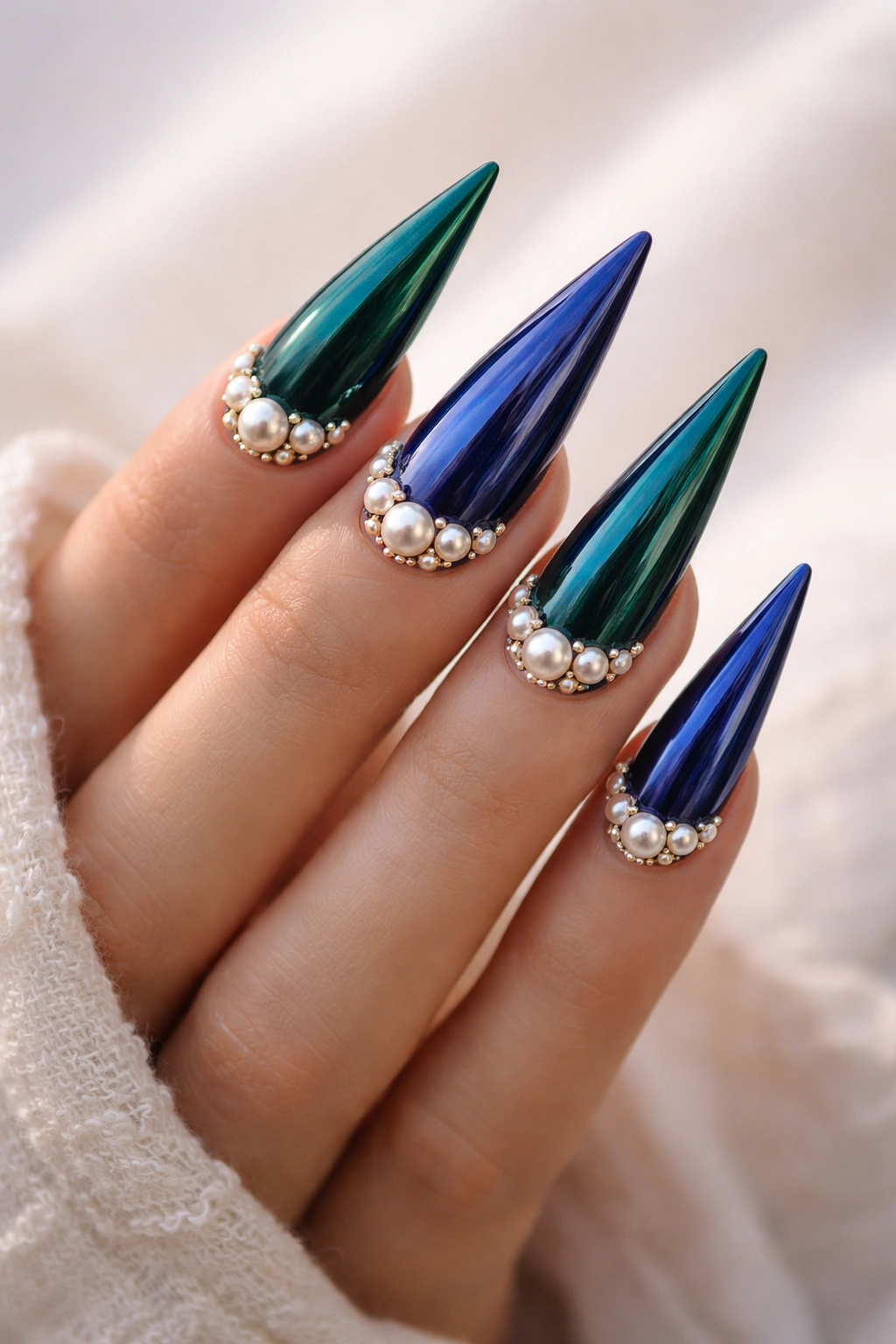 Nail close-up with jewel-tone stilettos and pearl accents on a neutral background