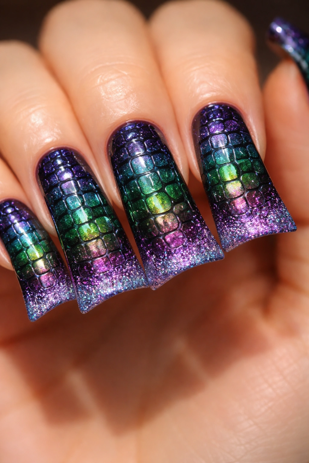 Nails with jewel-tone ombre, black croc texture, and holographic dust on tips