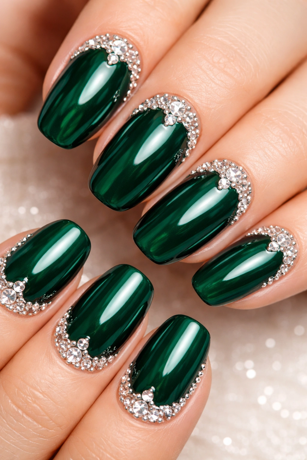 Nails with deep emerald base and clear rhinestones for luxe jewel-tone look