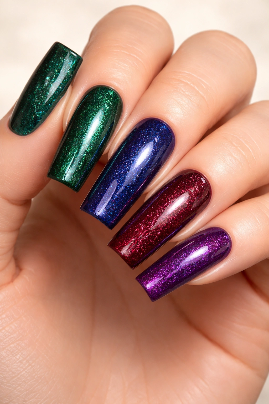Long square nails in jewel tones with subtle sparkle
