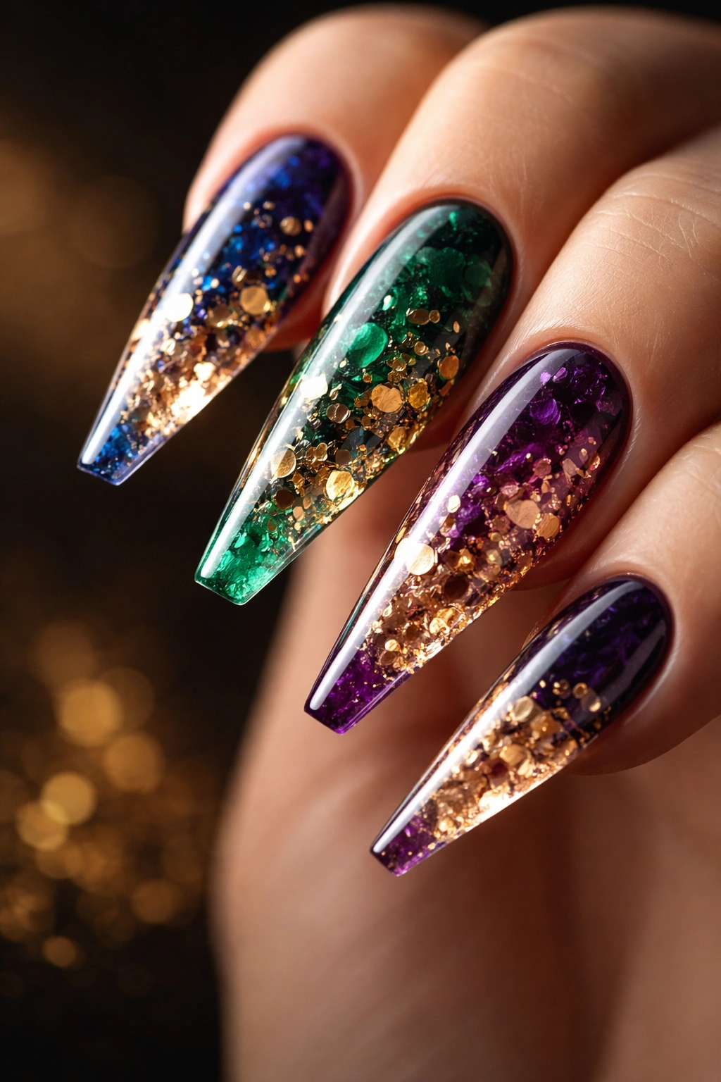 Close-up of jewel-toned reverse stiletto nails with encapsulated gold flakes