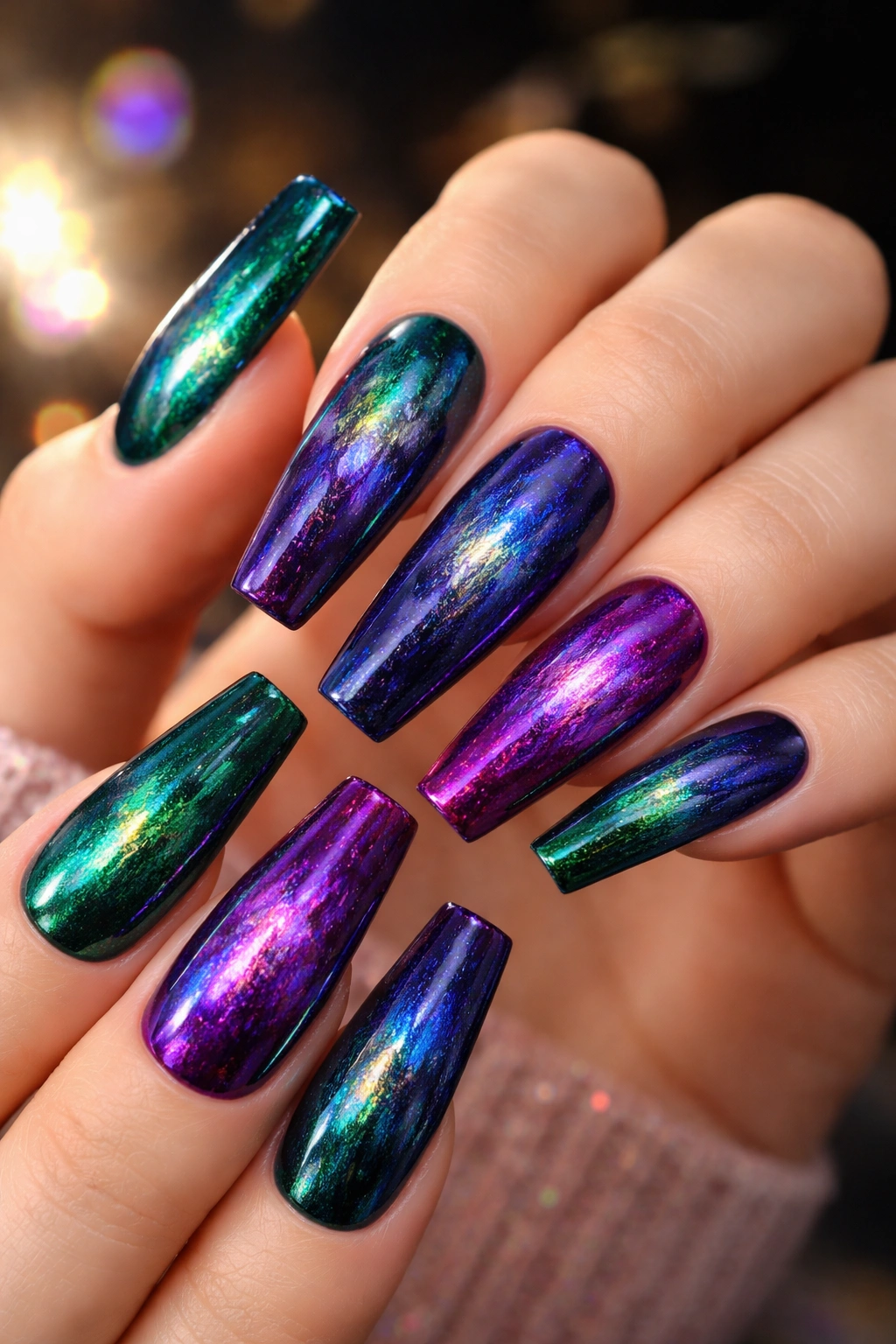 Close-up of coffin nails in deep jewel tones with holographic shimmer