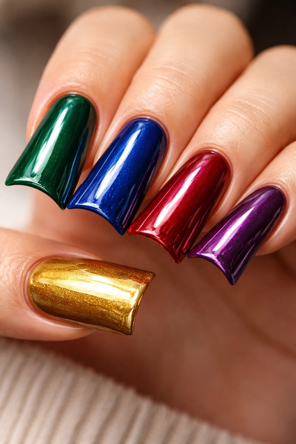 Duck nails painted in rich jewel tones with a glossy finish