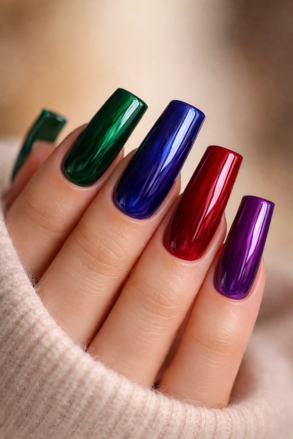 Close-up of duck nails in jewel-tone emerald, sapphire, ruby, and amethyst on a neutral background