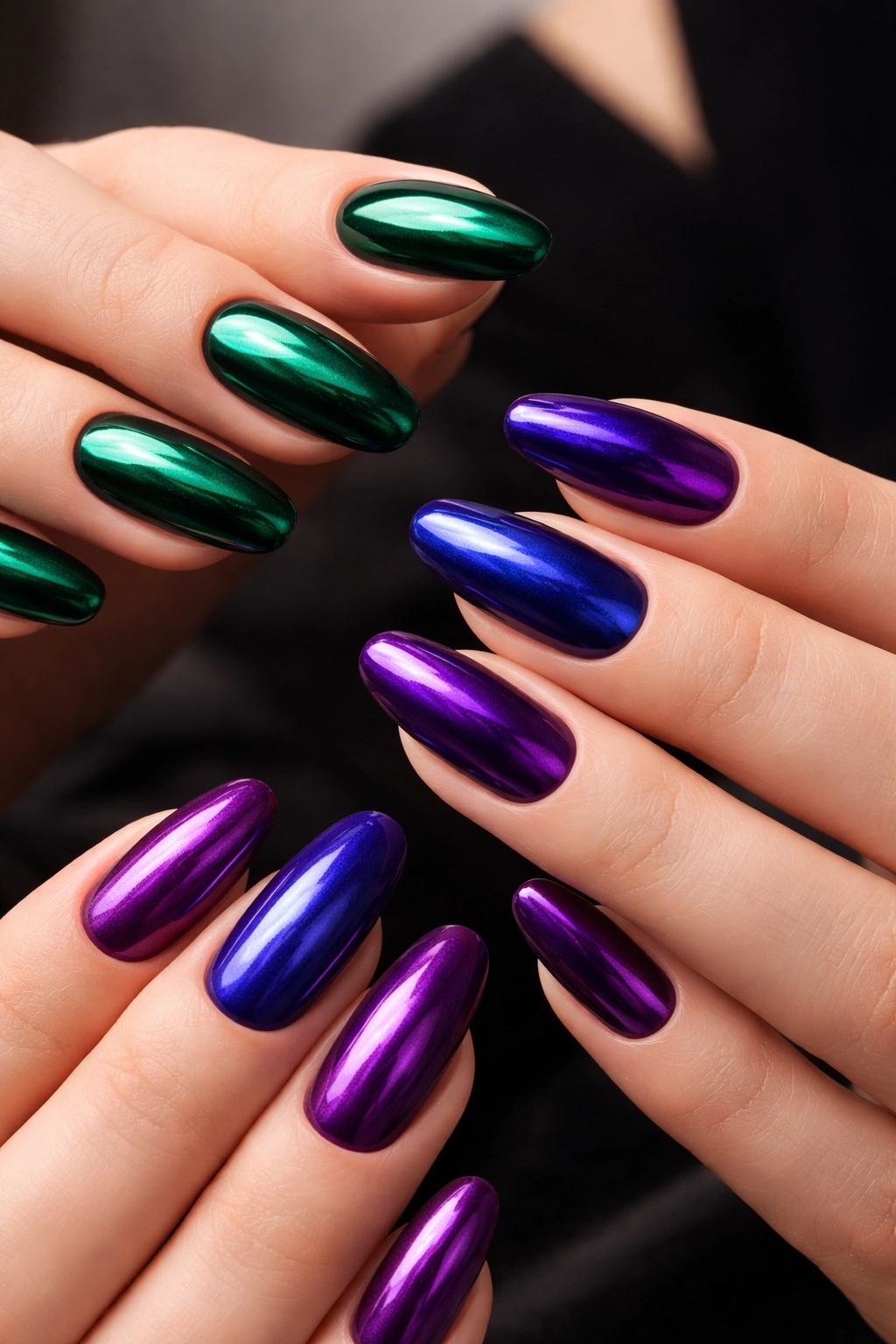 Close-up of jewel-tone nails on a hand in emerald, sapphire, and amethyst