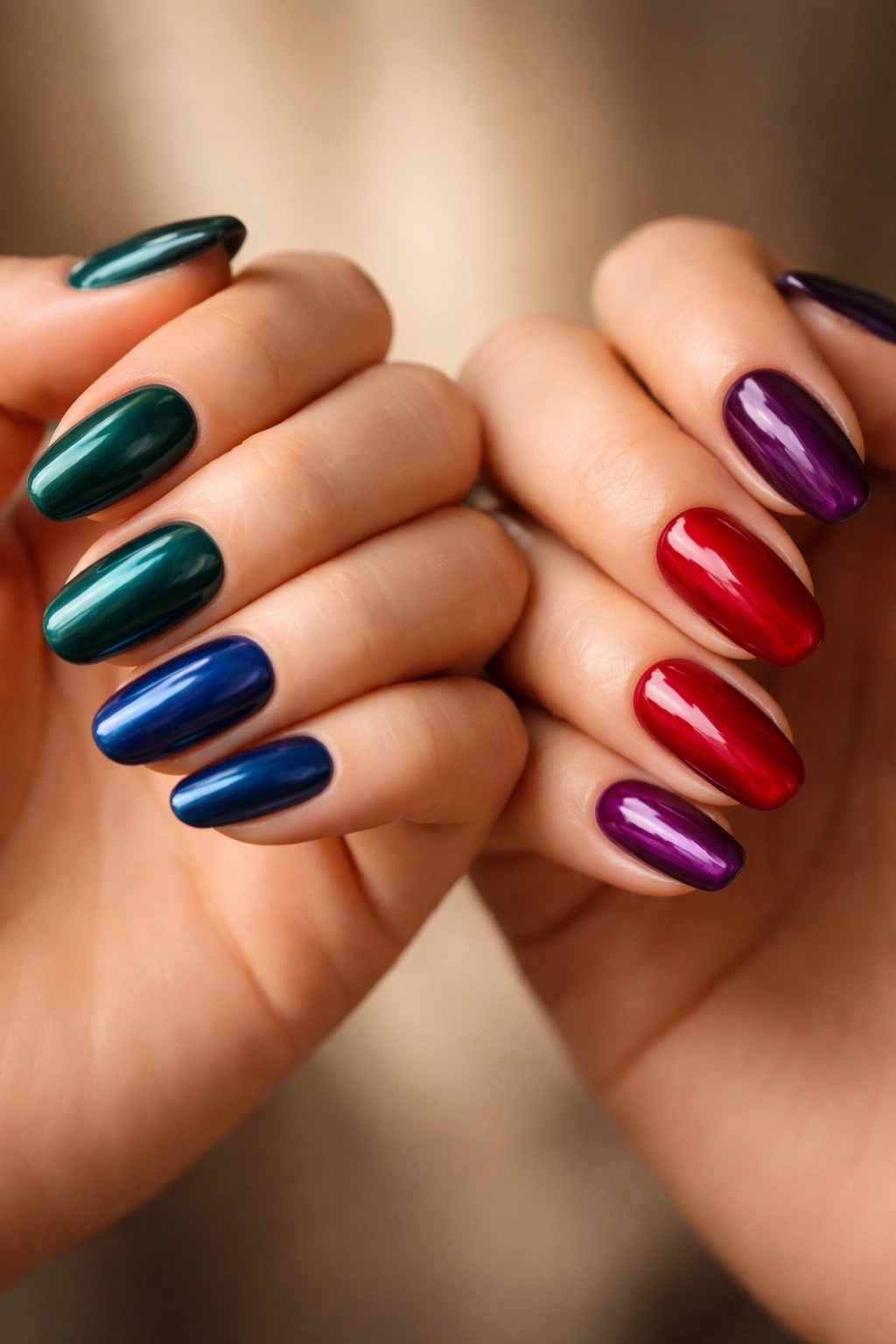 Close-up of hands with jewel-tone manicures in emerald, sapphire, ruby, and amethyst.