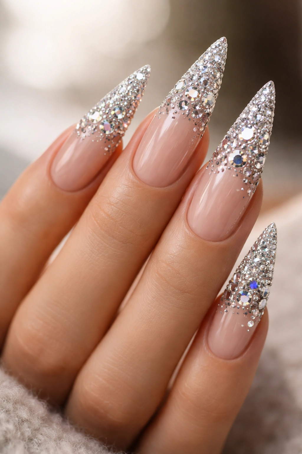 Close-up of gradient-tipped jeweled nails with increasing crystal density toward the tip