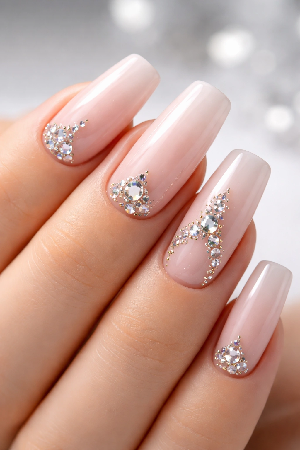 Close-up of medium-length acrylic nails with rhinestones on select nails
