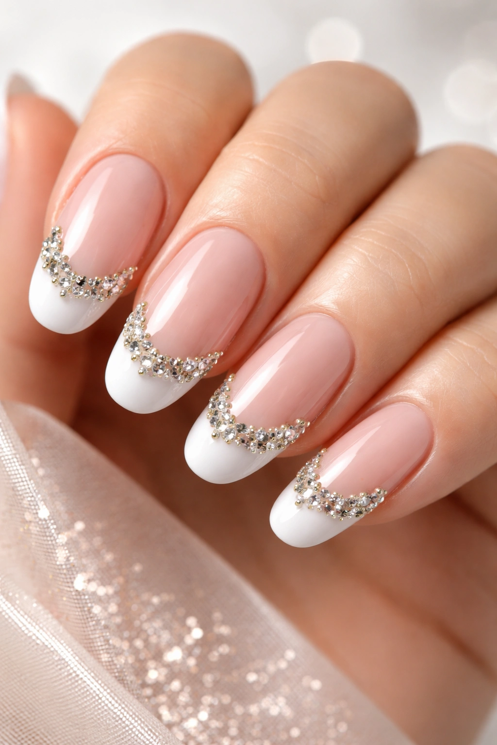 Nails with rhinestones along the white tip line.