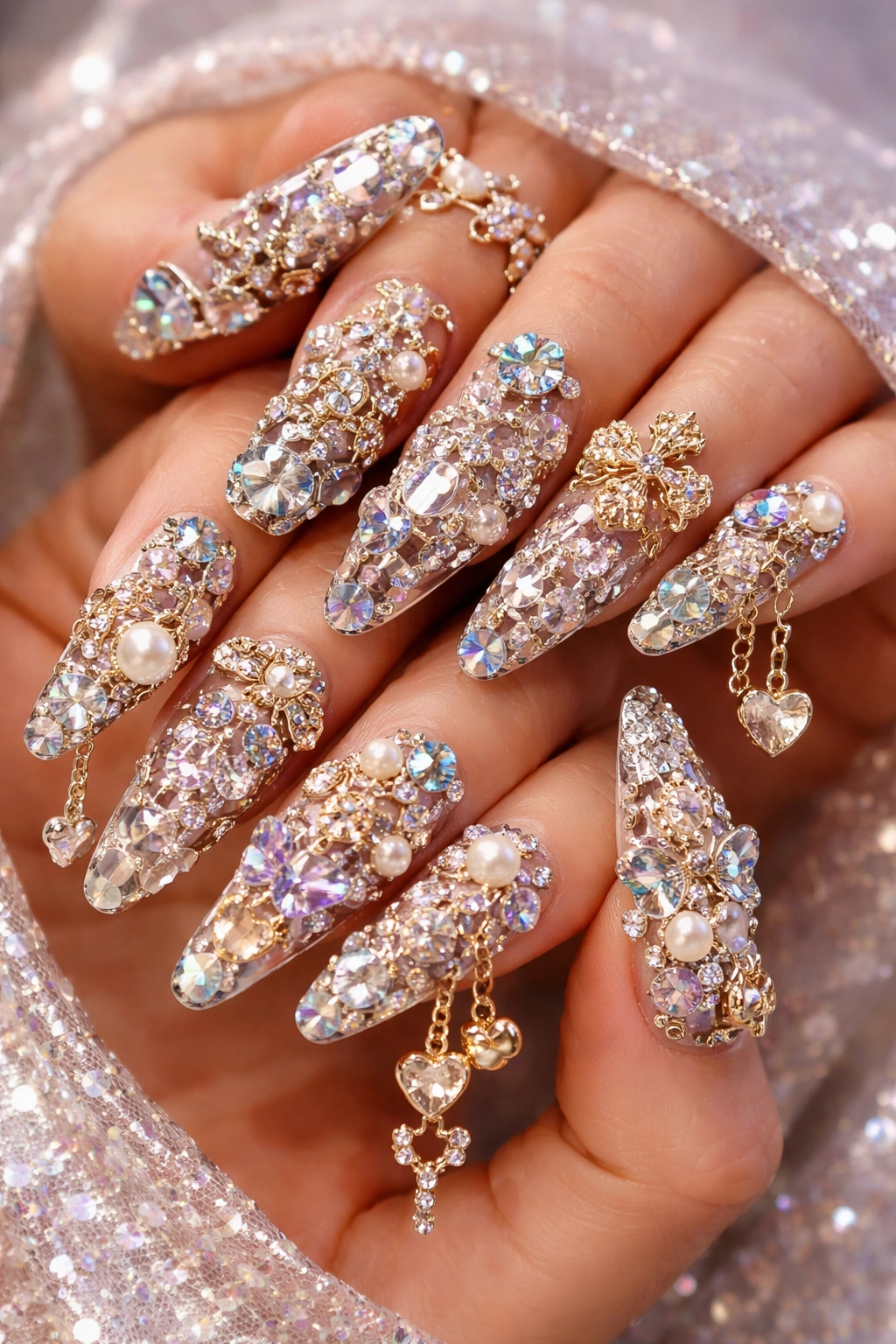 Hand with maximalist junk nails densely decorated