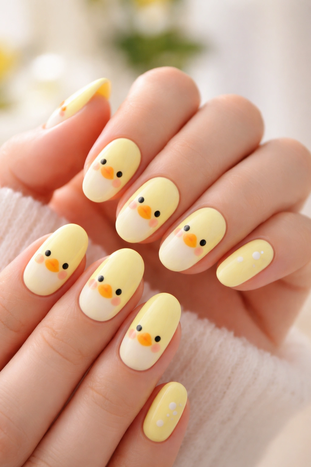 Close-up of nails with kawaii yellow duck designs featuring eyes and beaks