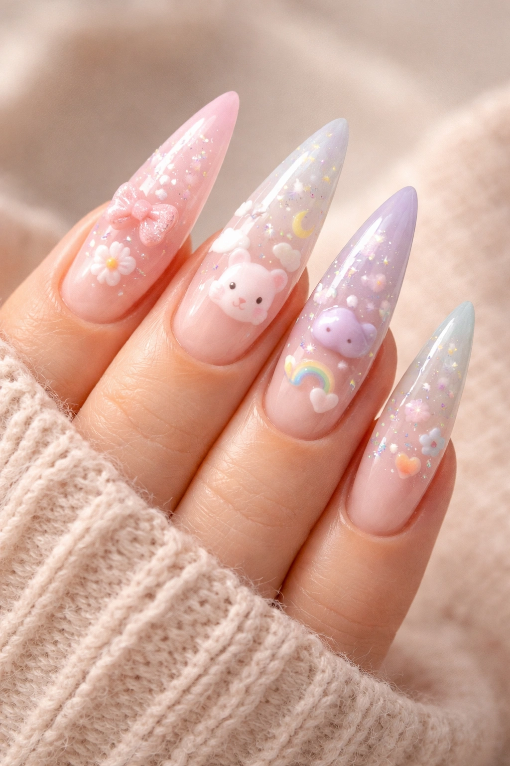 Close-up of pastel kawaii stiletto nails with negative space