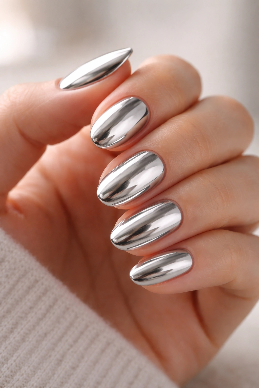 Close-up of pristine short oval chrome nails with reflective finish