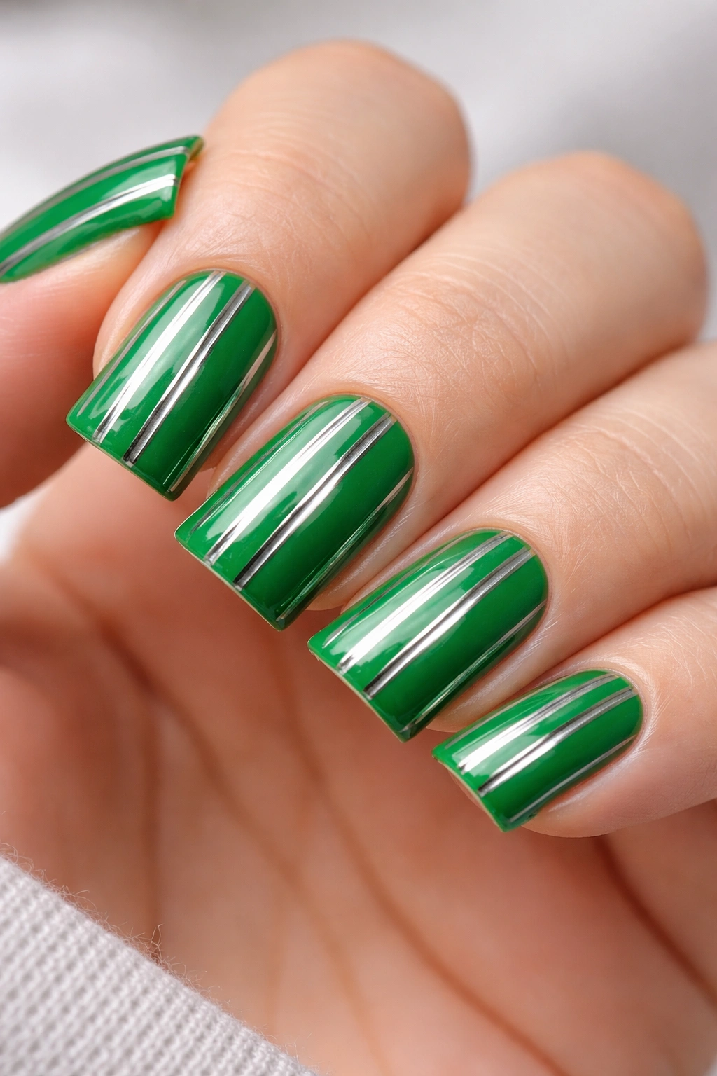 Close-up of Kelly green nails with vertical metallic stripes