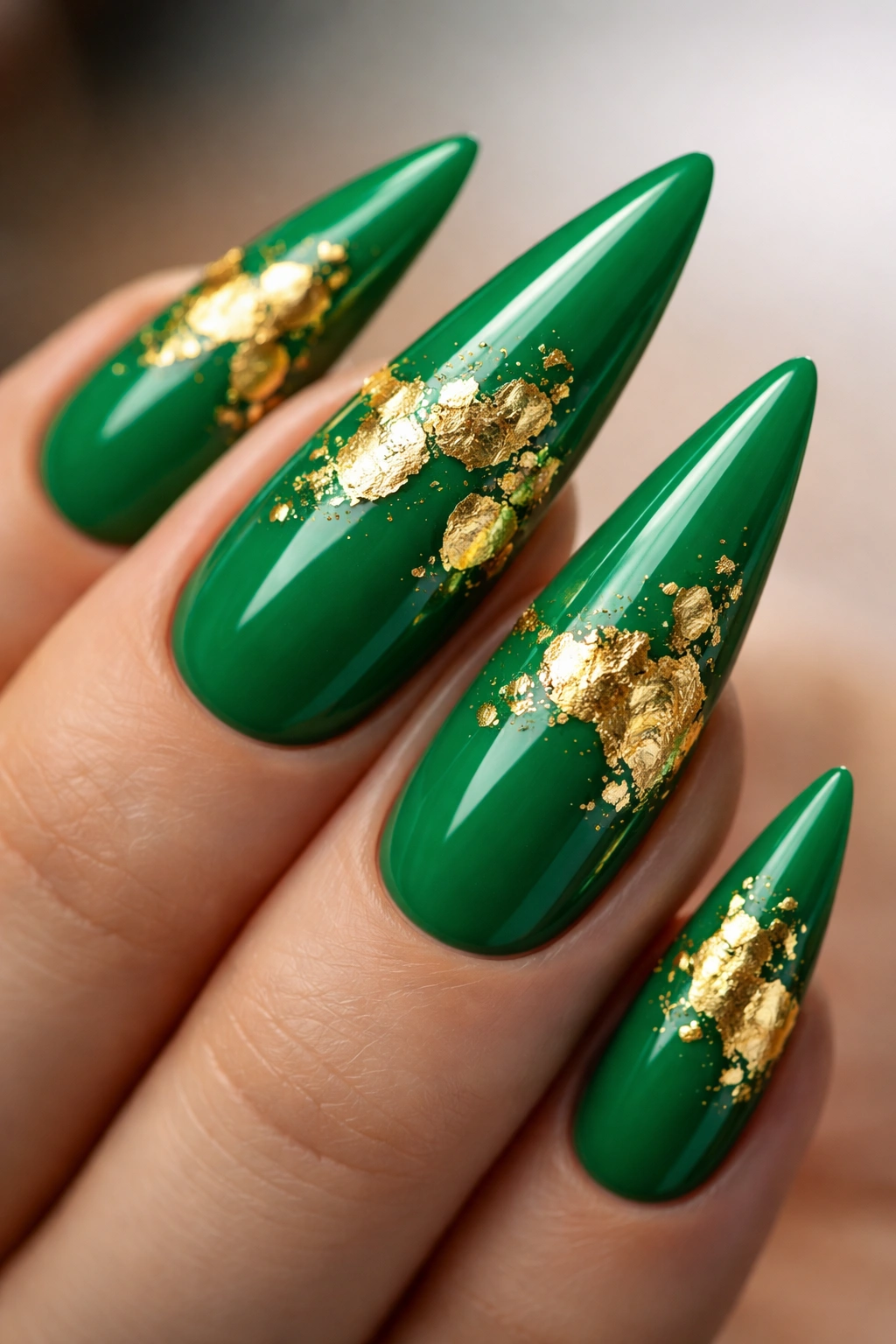 Kelly green nail with gold leaf details