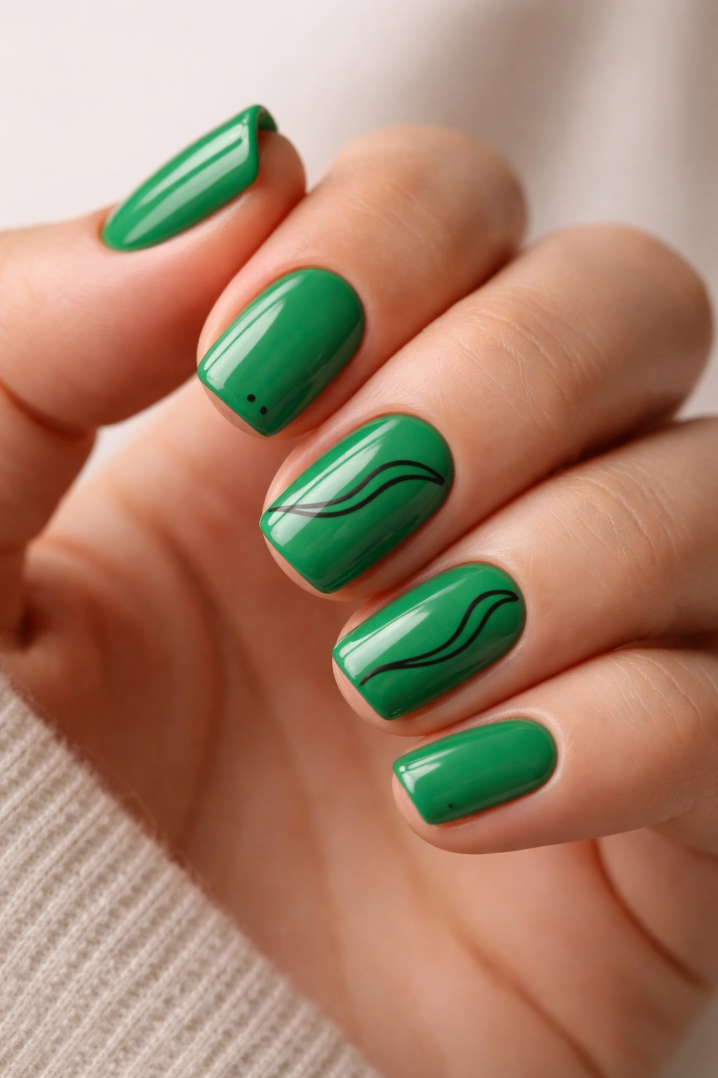 Close-up of kelly green nails with minimalist black outline art