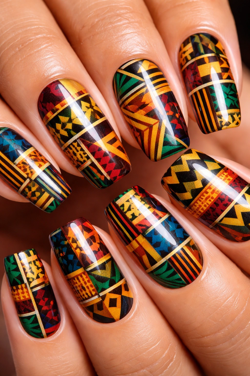 Close-up of fingernails with Kente-inspired geometric patterns in jewel tones.