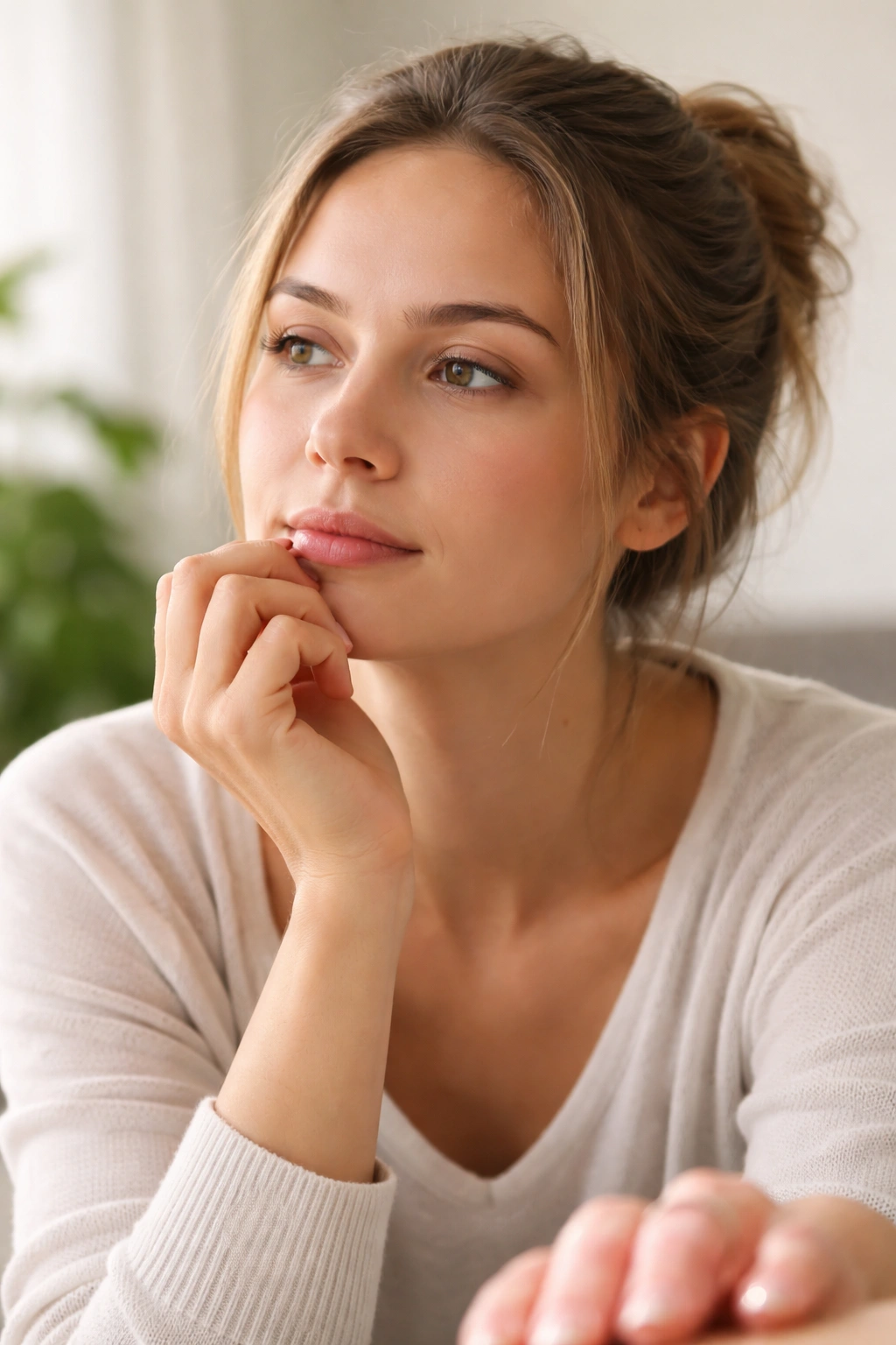 Close-up of a thoughtful person in calm light representing takeaways