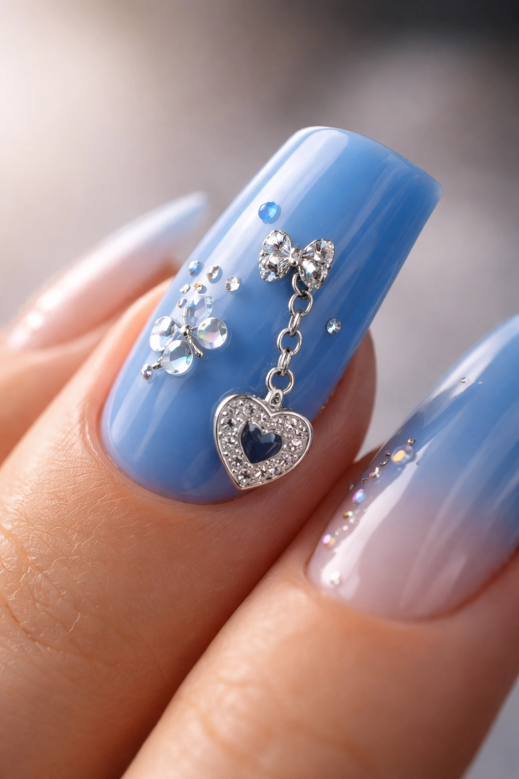Close-up illustrating key takeaways of blue duck nail art without text