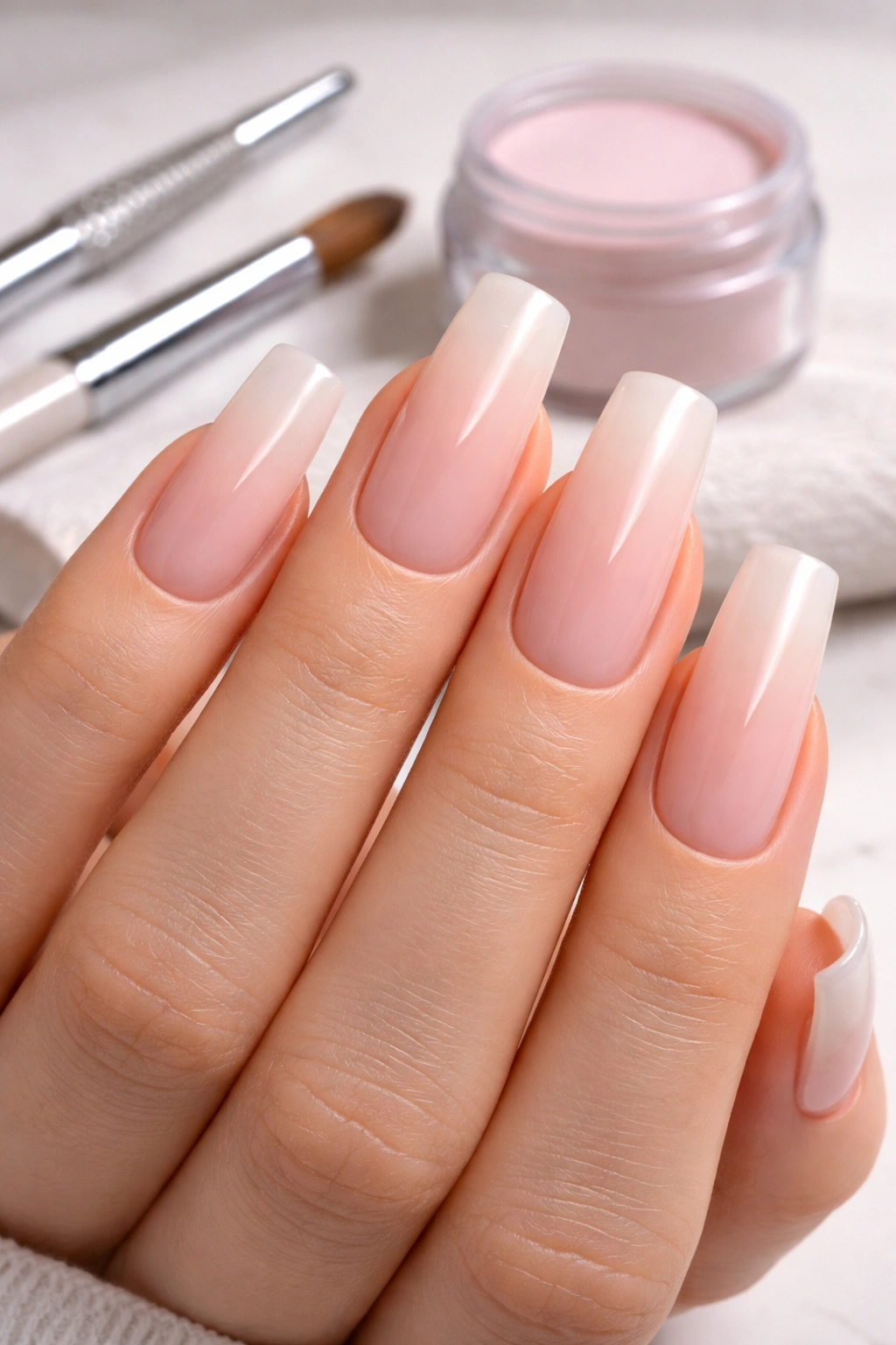 Close-up of long squoval acrylic nails showing proper prep and maintenance cues