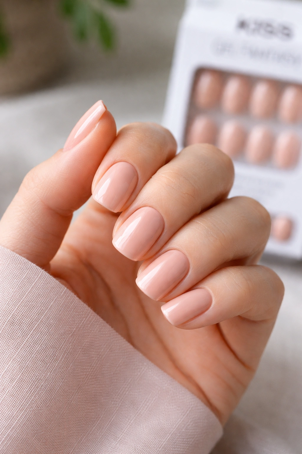 Soft blush short squoval nails with gel-like shine