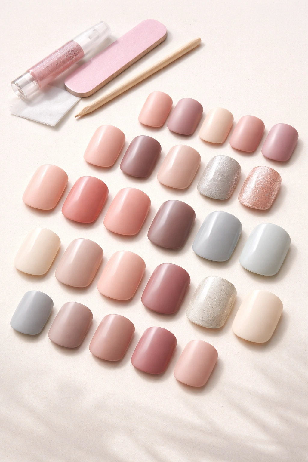 Kiss Gel Fantasy squoval nails in various finishes on neutral background