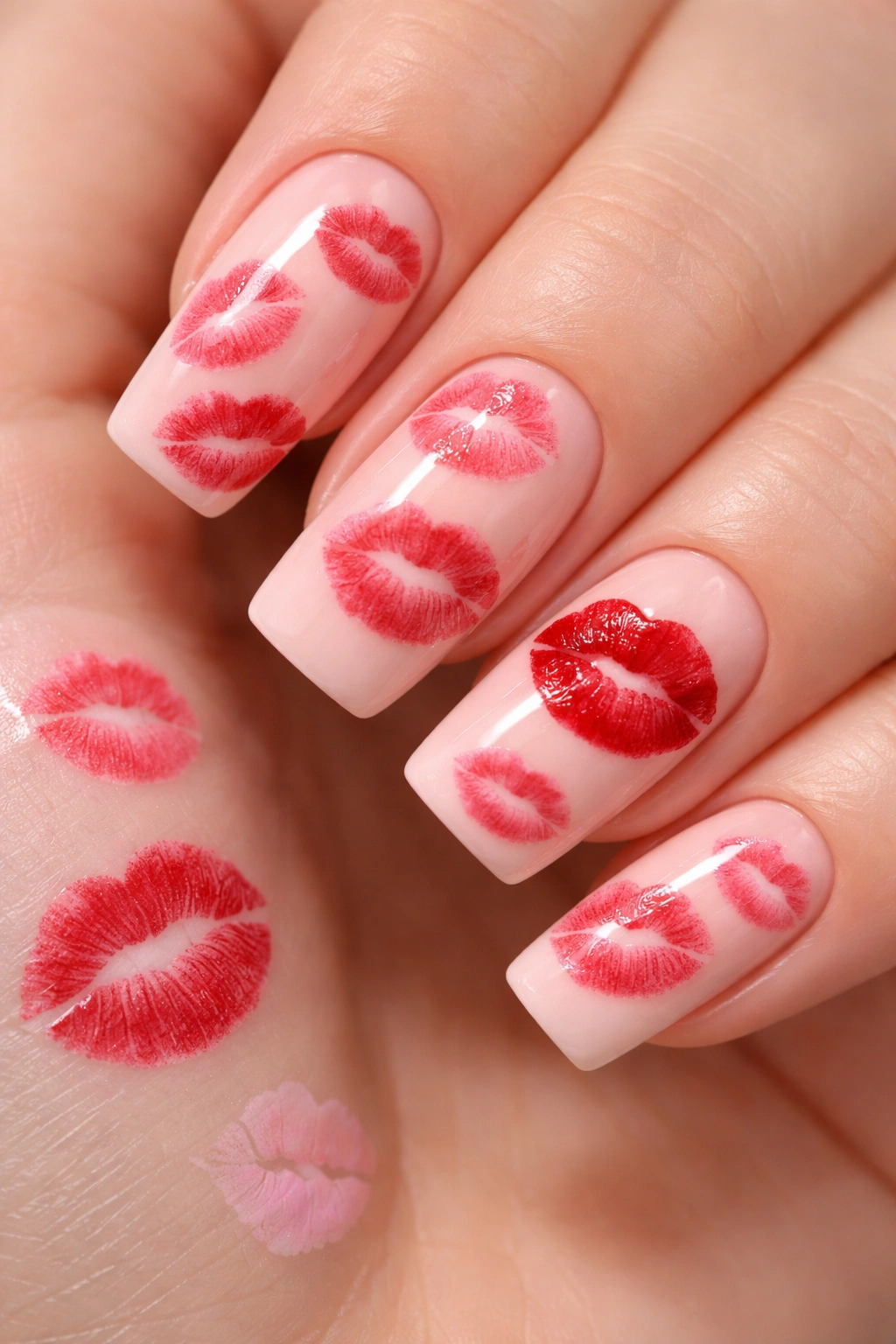 Nails with lip prints and gradient lipstick-inspired art