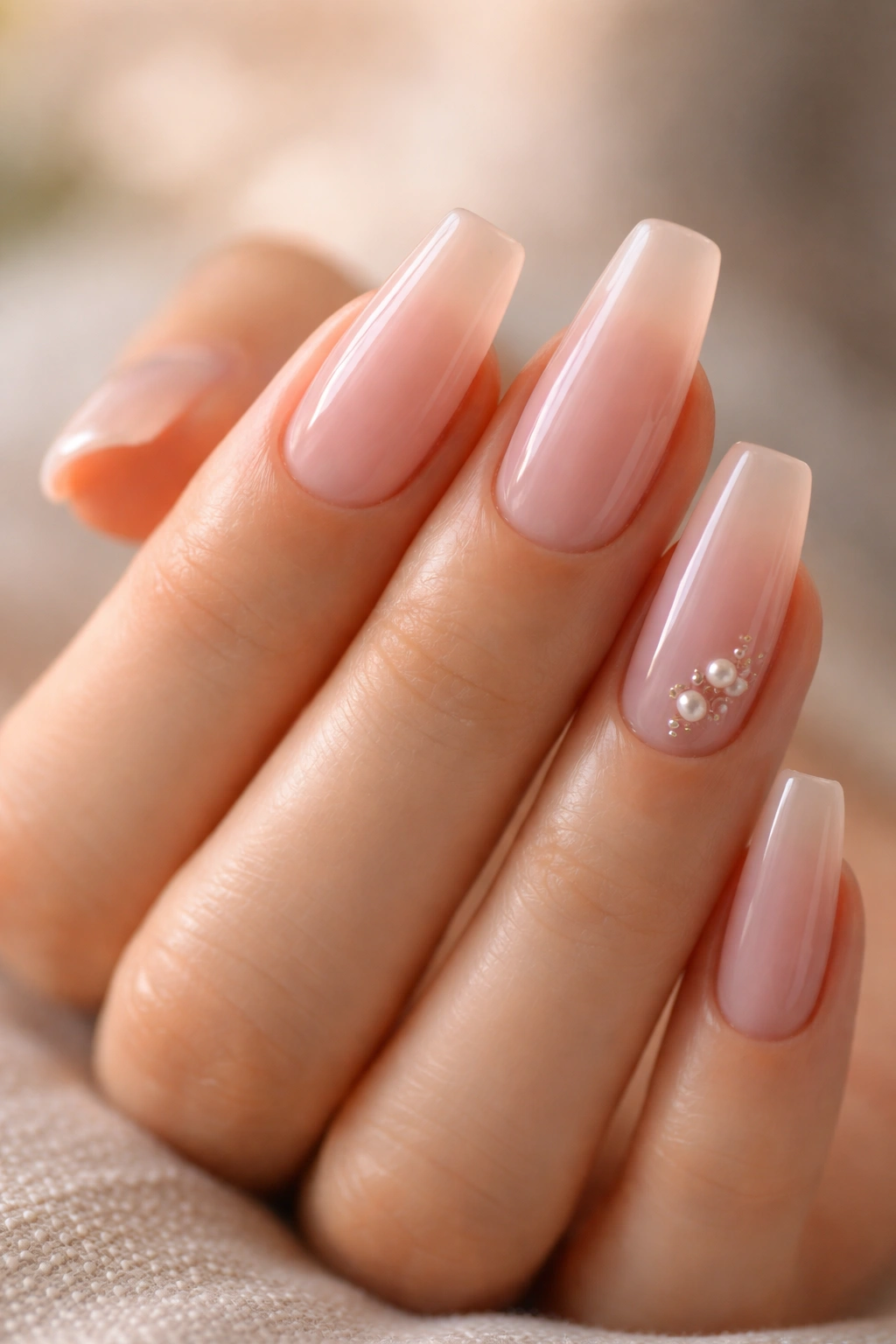 Close-up of Korean-style ballerina nails with soft edges and translucent pink gel