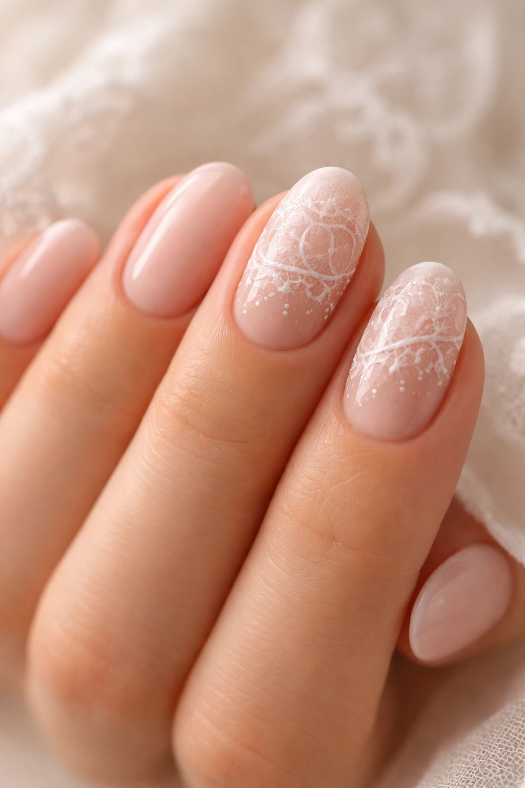 Close-up of delicate lace pattern on short oval nails