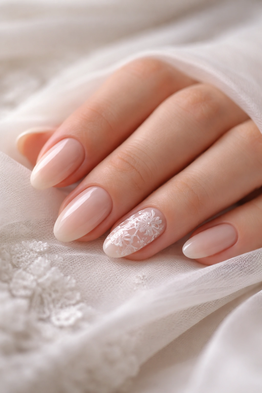 Lace-inspired bridal nails on short almond nails