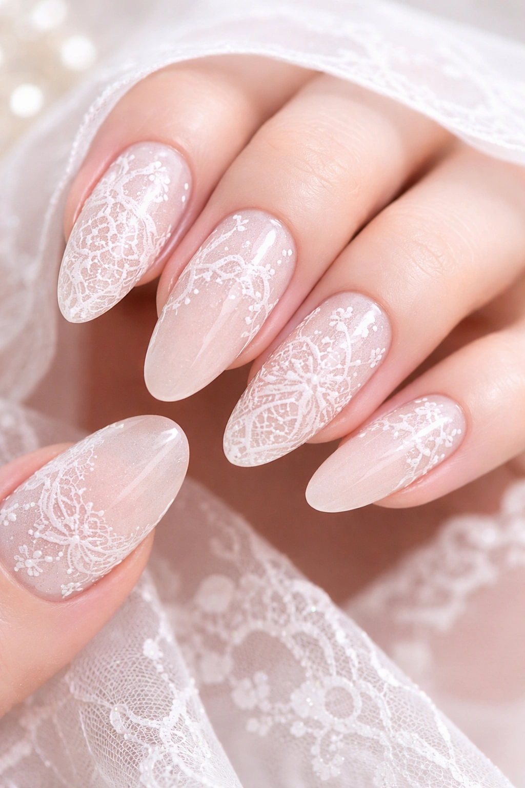 Close-up of lace-inspired nail art on nude pink base