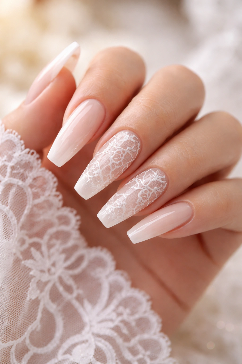 Close-up of lace-patterned ballerina nails with negative space on a translucent nude base